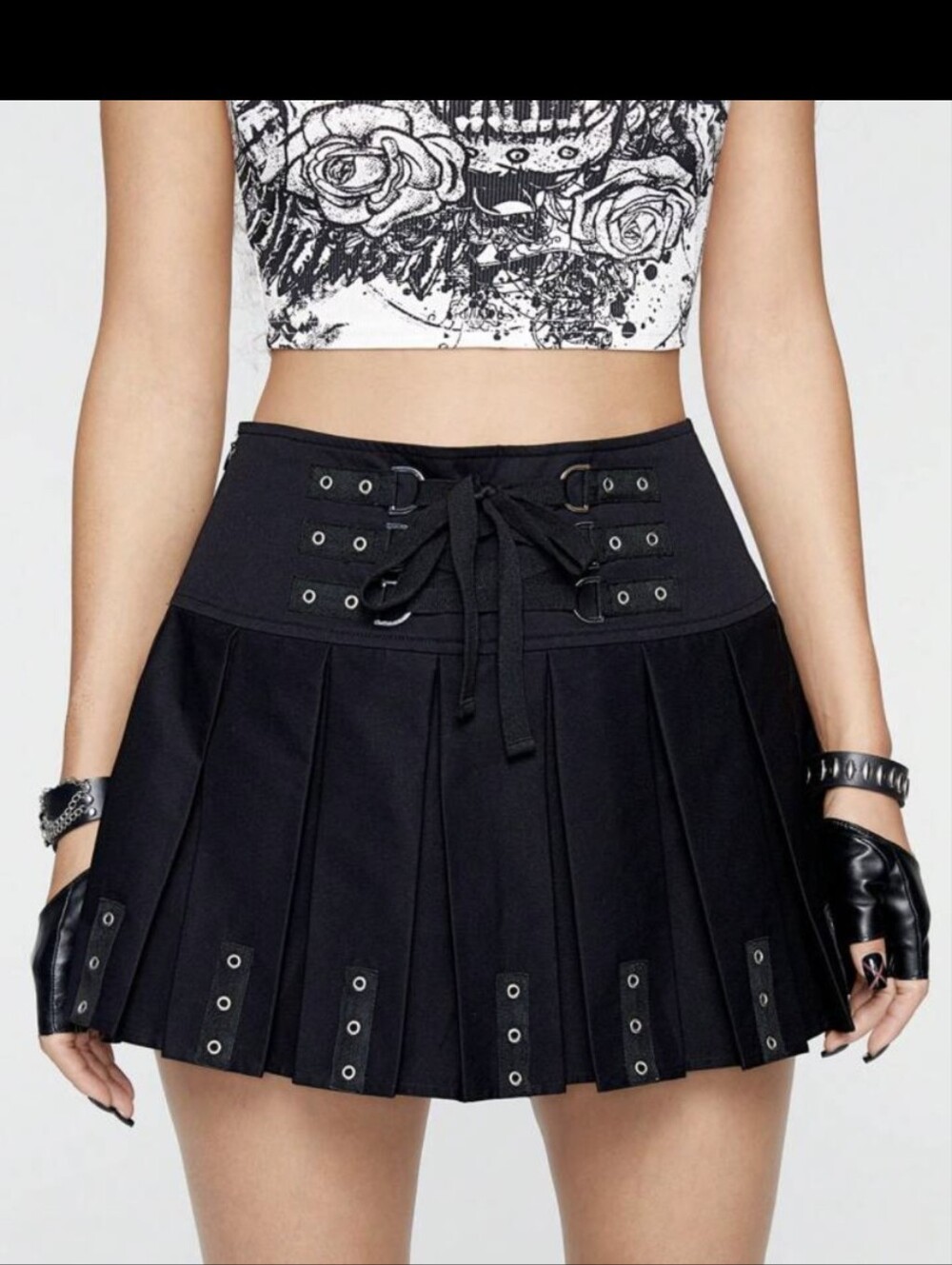 ROYAL BONES Black Pleated Lace-Up Mini Corset Skirt Small